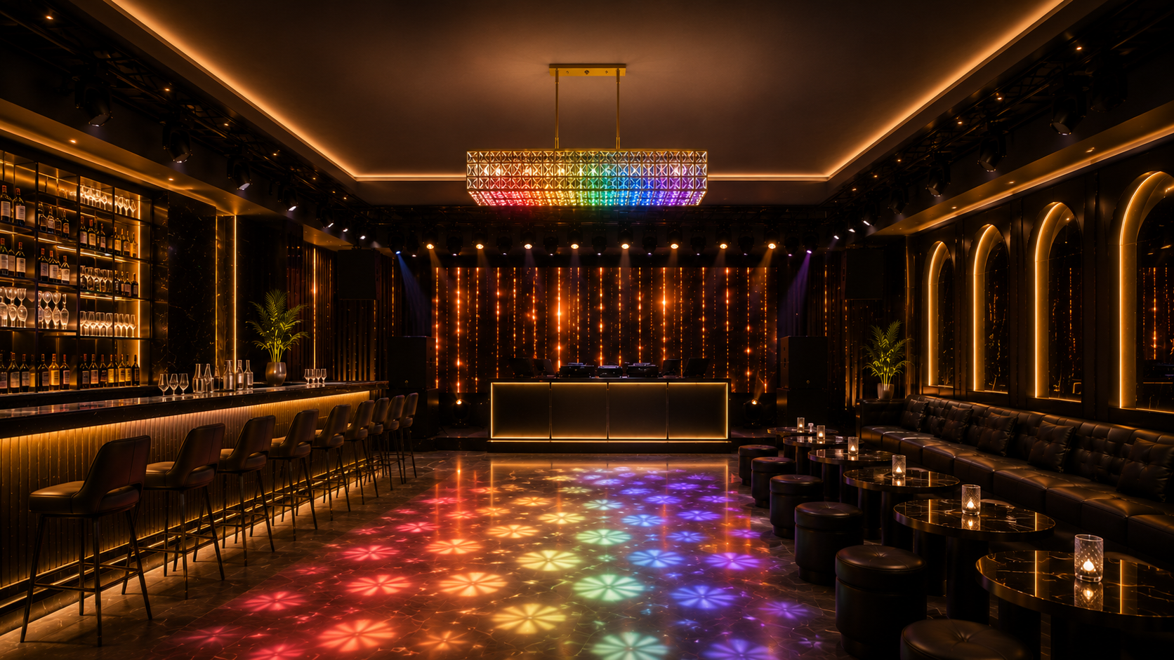 Luxury lounge and nightclub with a rainbow-lit chandelier above the dance floor