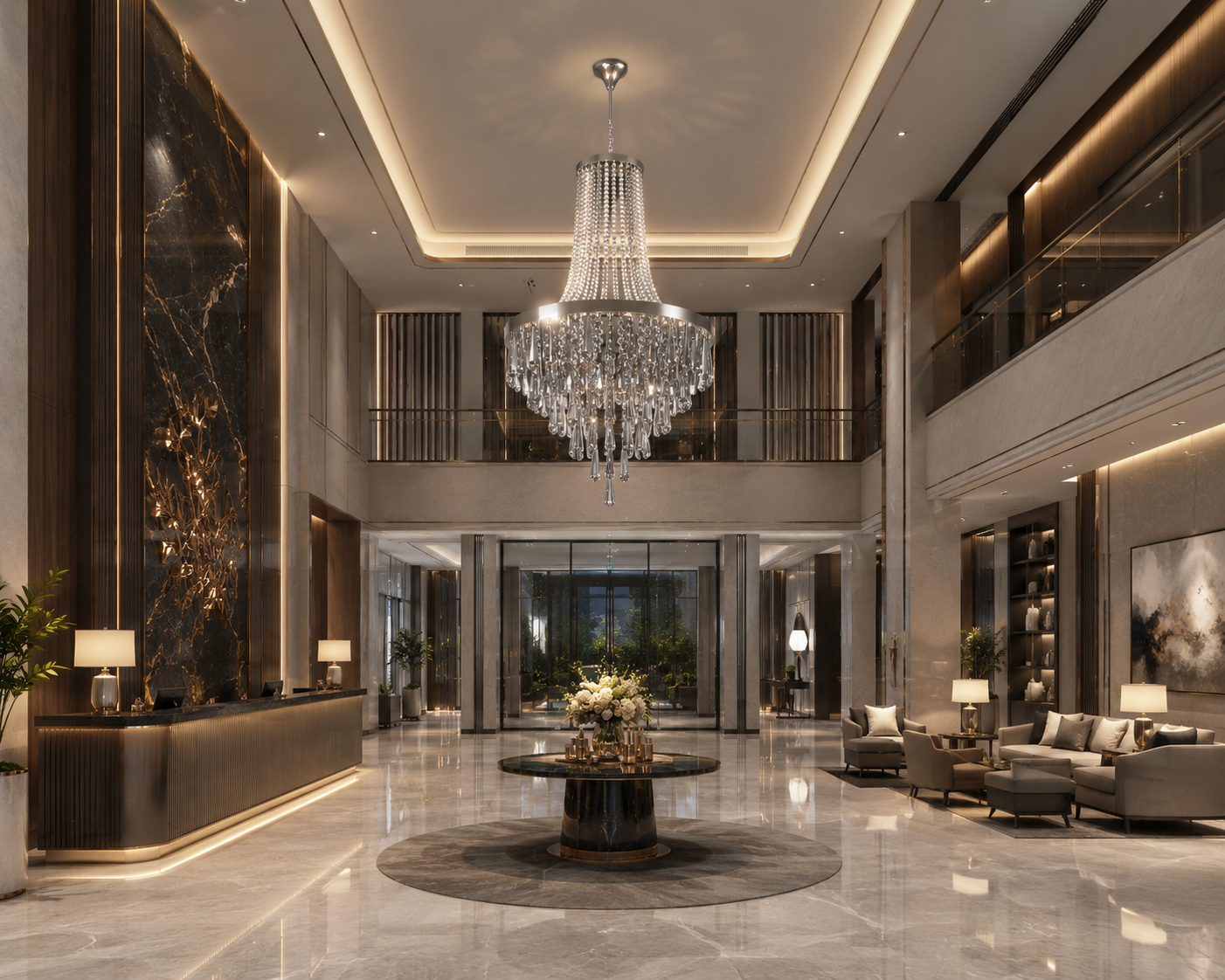 Luxury hotel lobby with a dramatic cascading chandelier above the reception lounge