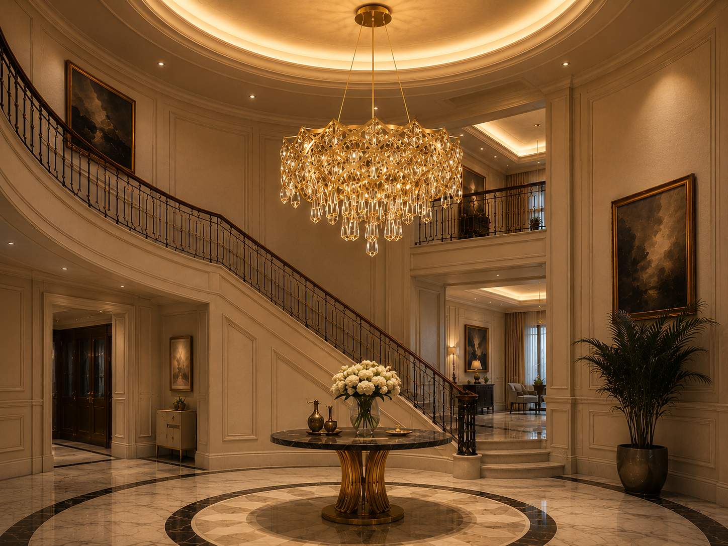 Palace arrival hall with a sculptural chandelier above a grand staircase