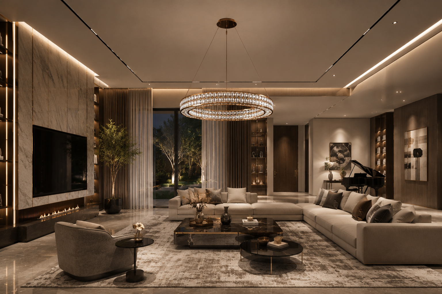 Contemporary villa living room with a suspended ring chandelier